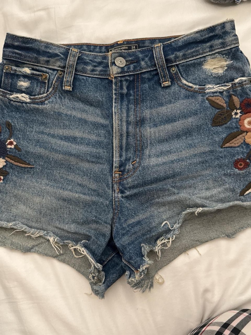Abercrombie & Fitch Blue Embroidered Distressed Denim Shorts